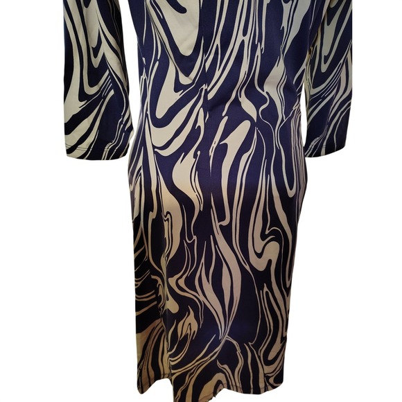 NWT J.McLaughlin Sage 3/4 Slv Marble Print Navy Blue White Cream Rouched Dress - Picture 4 of 7
